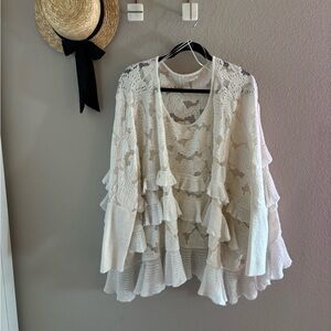 Anthropologie Oversized White Cream Ruffle Layered Sweater XL